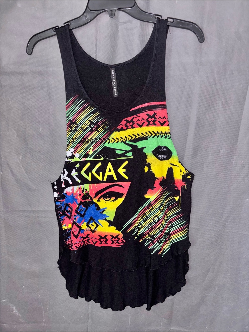 Drama Gold Sz S black High Low tank top Reggae Colorful graphic, Big Arm Cutout